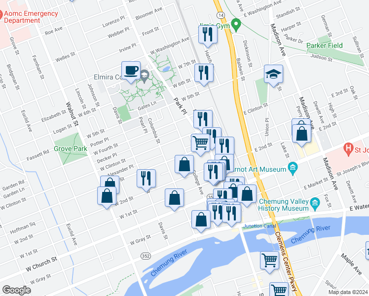 map of restaurants, bars, coffee shops, grocery stores, and more near 500 College Avenue in Elmira