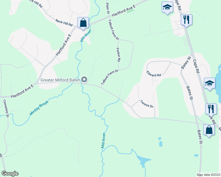 map of restaurants, bars, coffee shops, grocery stores, and more near 40 Bellingham Street in Mendon