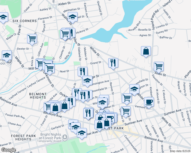 map of restaurants, bars, coffee shops, grocery stores, and more near 124 Revere Street in Springfield