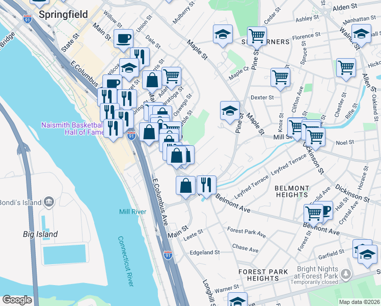 map of restaurants, bars, coffee shops, grocery stores, and more near 44 Rutledge Avenue in Springfield