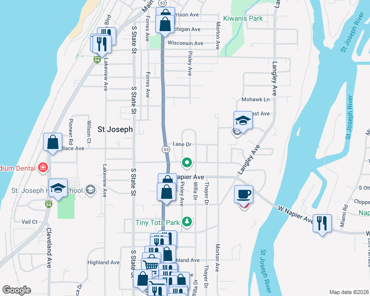 map of restaurants, bars, coffee shops, grocery stores, and more near 2240 Mount Curve Avenue in St. Joseph