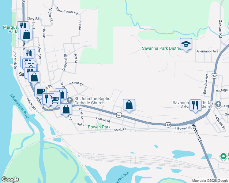 map of restaurants, bars, coffee shops, grocery stores, and more near 2-98 Charles St in Savanna