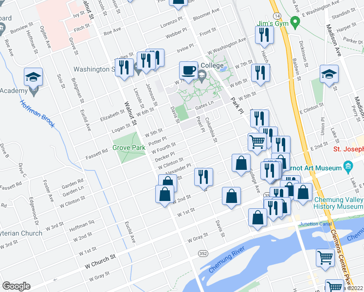 map of restaurants, bars, coffee shops, grocery stores, and more near 407 West 4th Street in Elmira