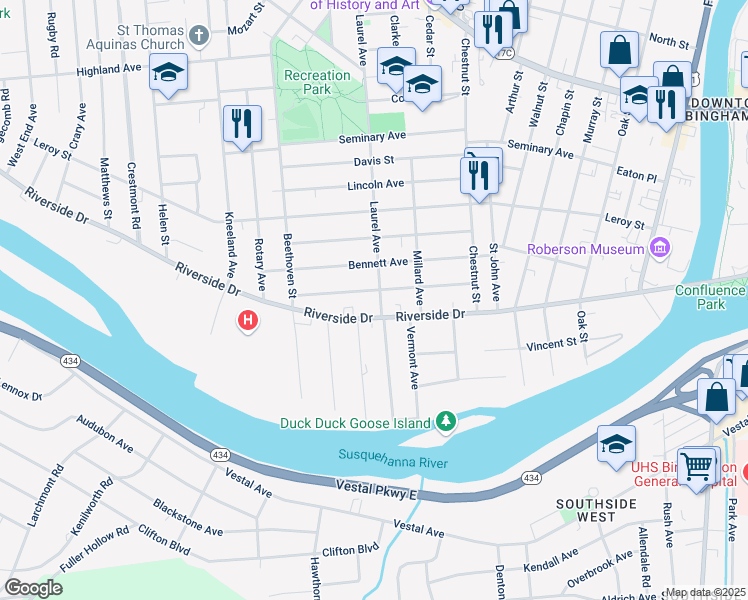 map of restaurants, bars, coffee shops, grocery stores, and more near 41 Laurel Avenue in Binghamton