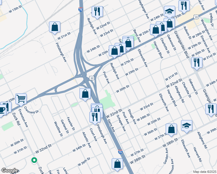 map of restaurants, bars, coffee shops, grocery stores, and more near 2916 Post Avenue in Erie