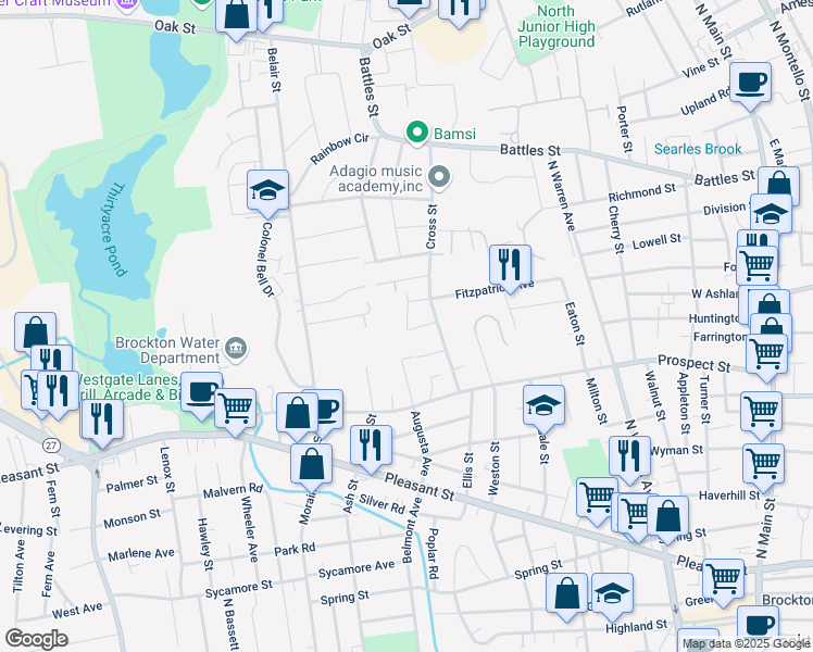 map of restaurants, bars, coffee shops, grocery stores, and more near 112 Augusta Avenue in Brockton