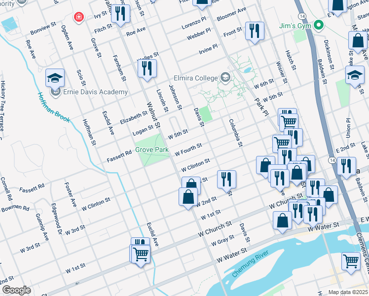 map of restaurants, bars, coffee shops, grocery stores, and more near 437 West 5th Street in Elmira