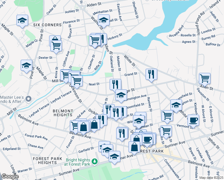 map of restaurants, bars, coffee shops, grocery stores, and more near 299 Oakland Street in Springfield
