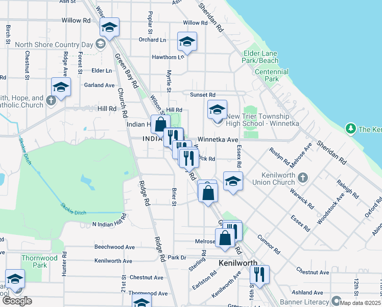map of restaurants, bars, coffee shops, grocery stores, and more near 82 Warwick Road in Winnetka