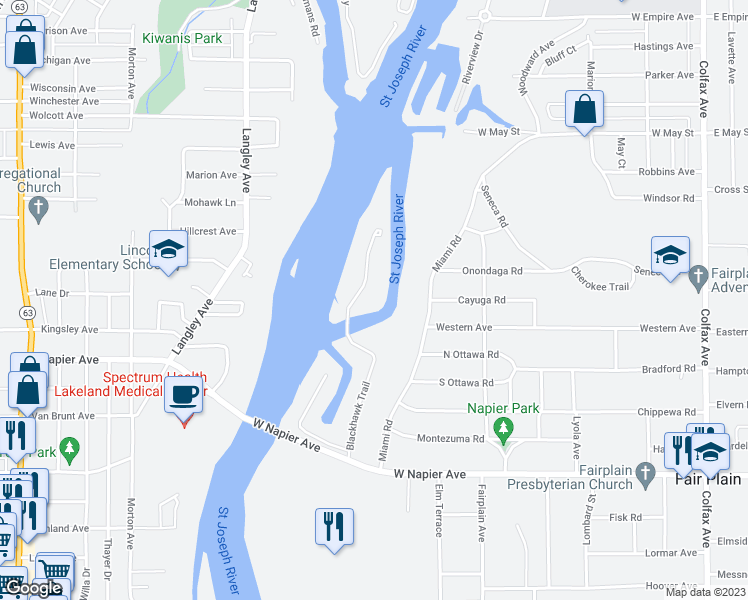 map of restaurants, bars, coffee shops, grocery stores, and more near 1375 Blackhawk Trail in Benton Harbor