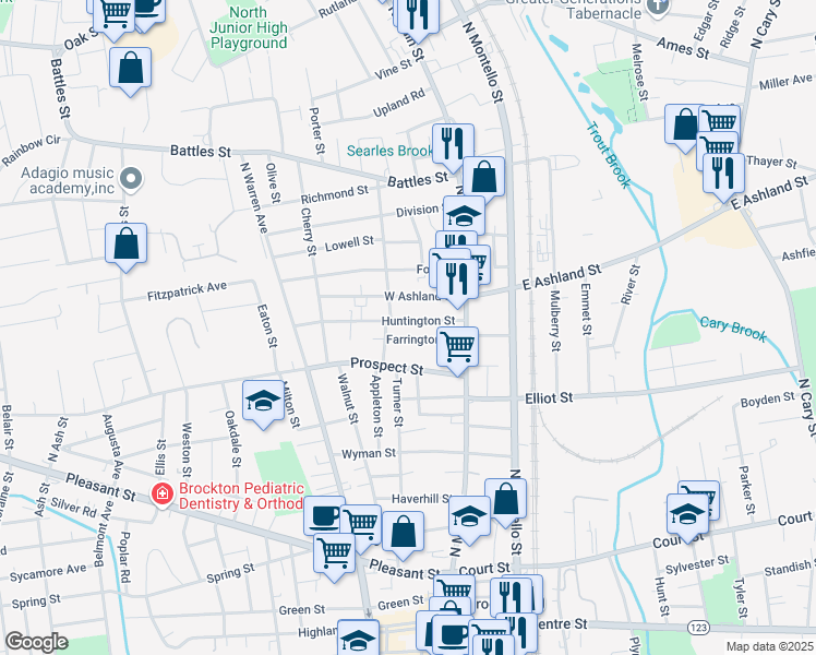 map of restaurants, bars, coffee shops, grocery stores, and more near 55 Huntington Street in Brockton