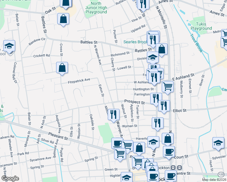 map of restaurants, bars, coffee shops, grocery stores, and more near 40 Cherry Street in Brockton