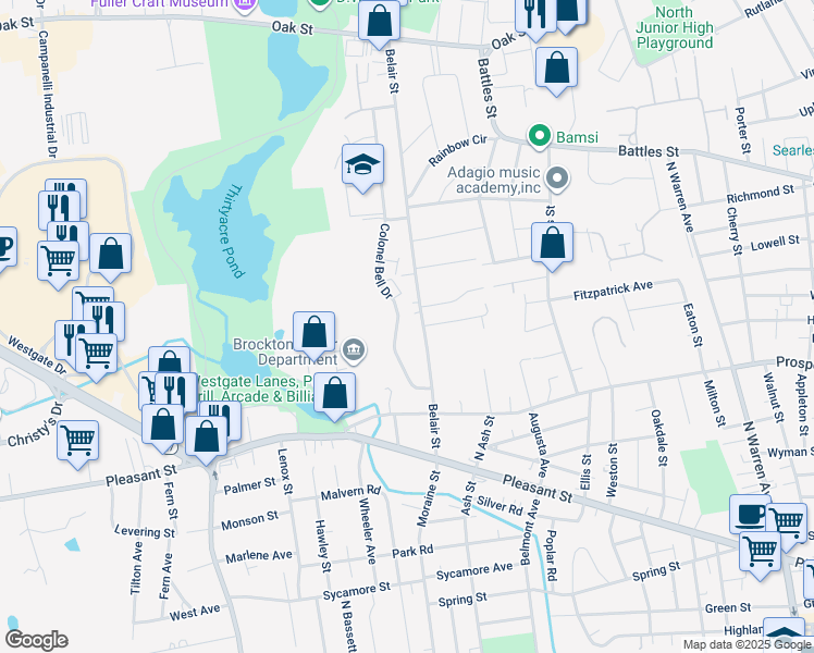 map of restaurants, bars, coffee shops, grocery stores, and more near 77 Colonel Bell Drive in Brockton