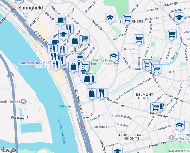 map of restaurants, bars, coffee shops, grocery stores, and more near 44 Rutledge Avenue in Springfield