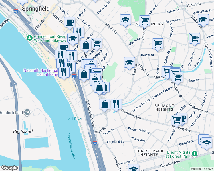 map of restaurants, bars, coffee shops, grocery stores, and more near 44 Rutledge Avenue in Springfield