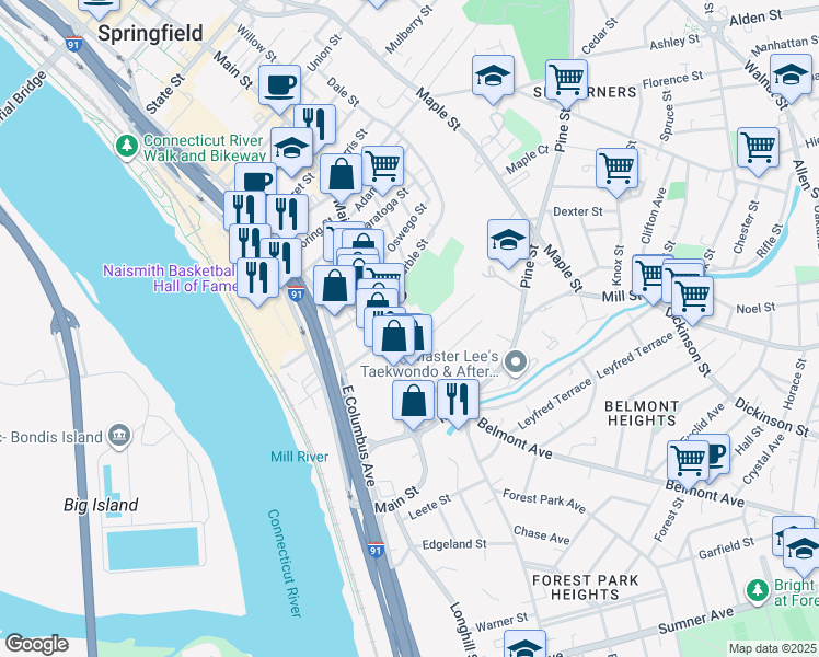 map of restaurants, bars, coffee shops, grocery stores, and more near 44 Rutledge Avenue in Springfield