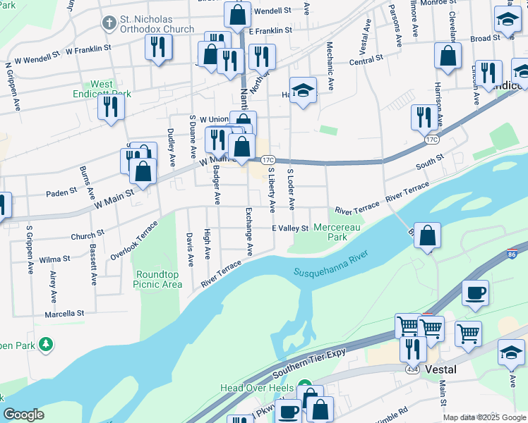 map of restaurants, bars, coffee shops, grocery stores, and more near 409 Exchange Avenue in Endicott
