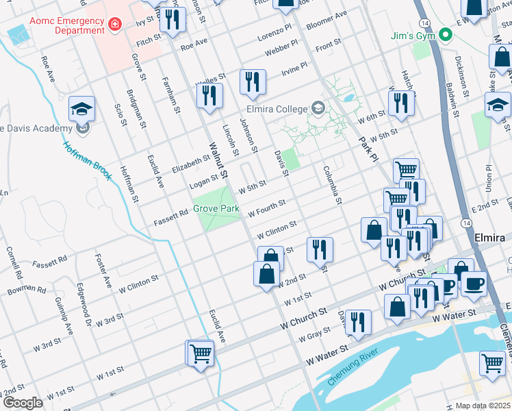 map of restaurants, bars, coffee shops, grocery stores, and more near 437 West 5th Street in Elmira