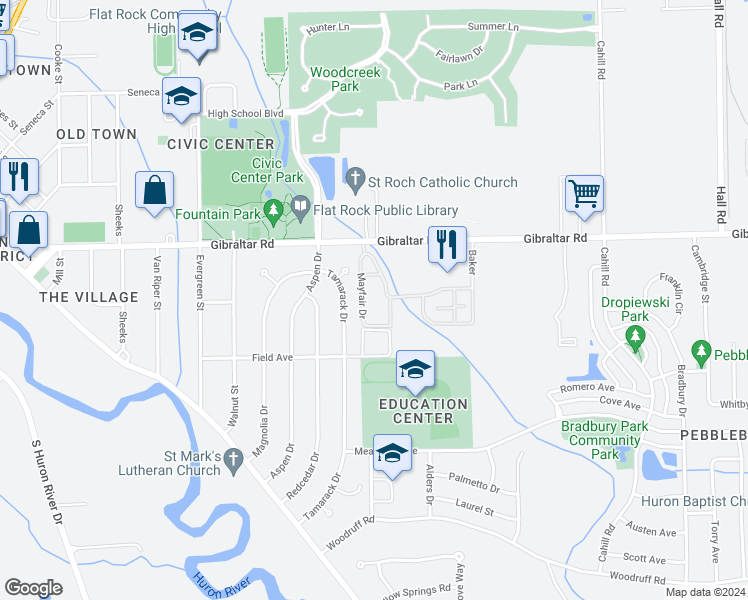 map of restaurants, bars, coffee shops, grocery stores, and more near 29331 Tamarack Drive in Flat Rock