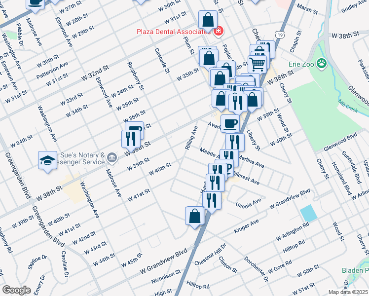 map of restaurants, bars, coffee shops, grocery stores, and more near 3914 Rilling Avenue in Erie