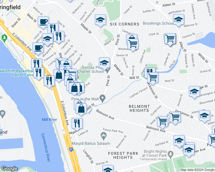 map of restaurants, bars, coffee shops, grocery stores, and more near 148 Mill Street in Springfield