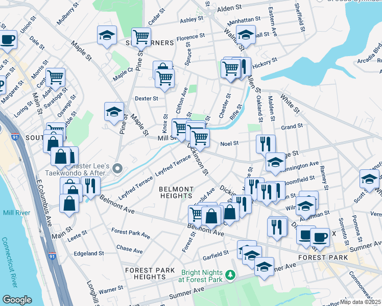 map of restaurants, bars, coffee shops, grocery stores, and more near 14 Orange Street in Springfield