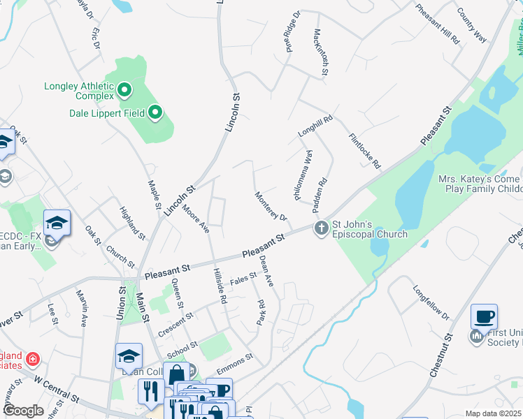 map of restaurants, bars, coffee shops, grocery stores, and more near 9 Monterey Drive in Franklin