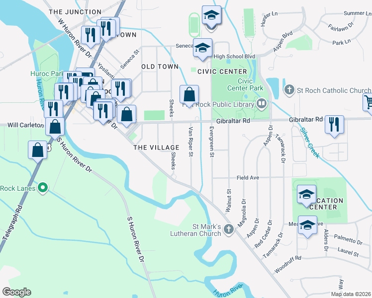 map of restaurants, bars, coffee shops, grocery stores, and more near 29136 Van Riper Street in Flat Rock