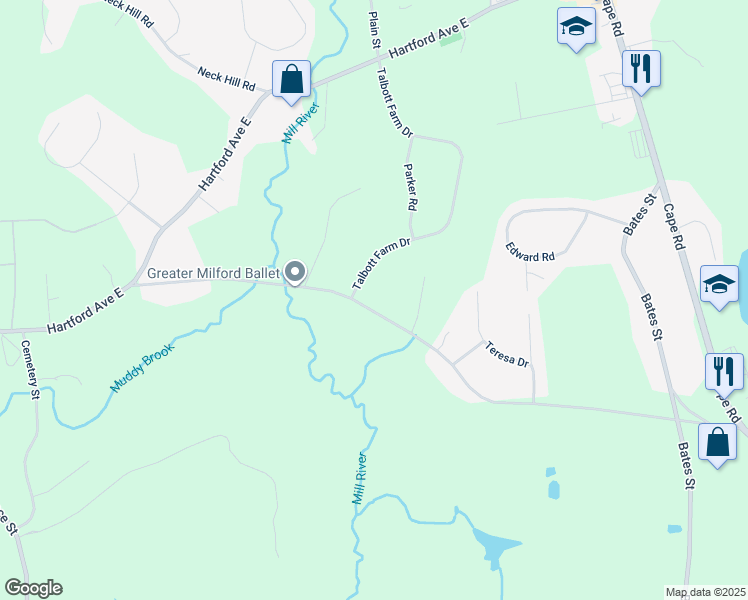 map of restaurants, bars, coffee shops, grocery stores, and more near 40 Bellingham Street in Mendon