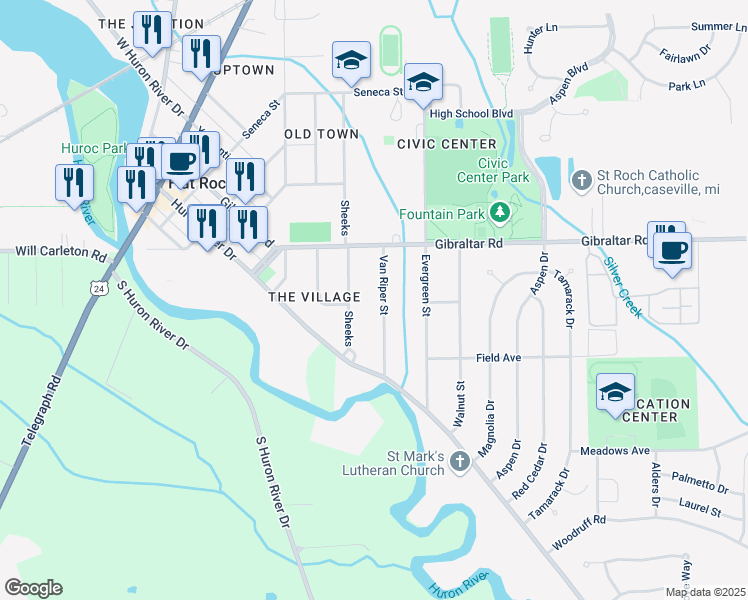 map of restaurants, bars, coffee shops, grocery stores, and more near 29136 Van Riper Street in Flat Rock