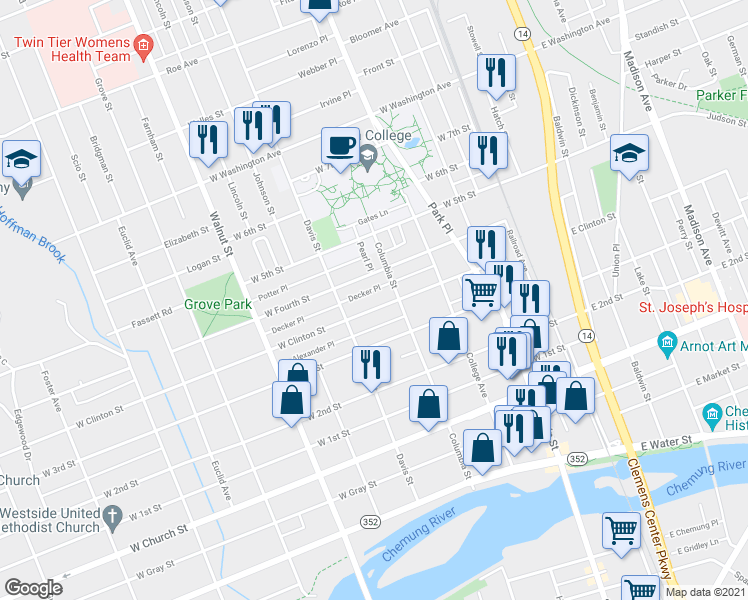 map of restaurants, bars, coffee shops, grocery stores, and more near 360 West Clinton Street in Elmira