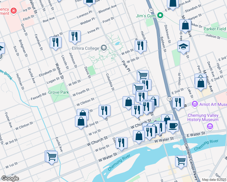 map of restaurants, bars, coffee shops, grocery stores, and more near West Clinton Street & Columbia Street in Elmira