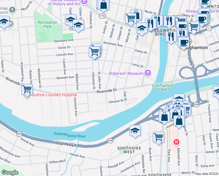 map of restaurants, bars, coffee shops, grocery stores, and more near 44 Riverside Drive in Binghamton