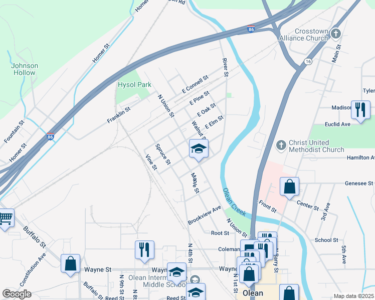 map of restaurants, bars, coffee shops, grocery stores, and more near 1104-14 North Union Street in Olean