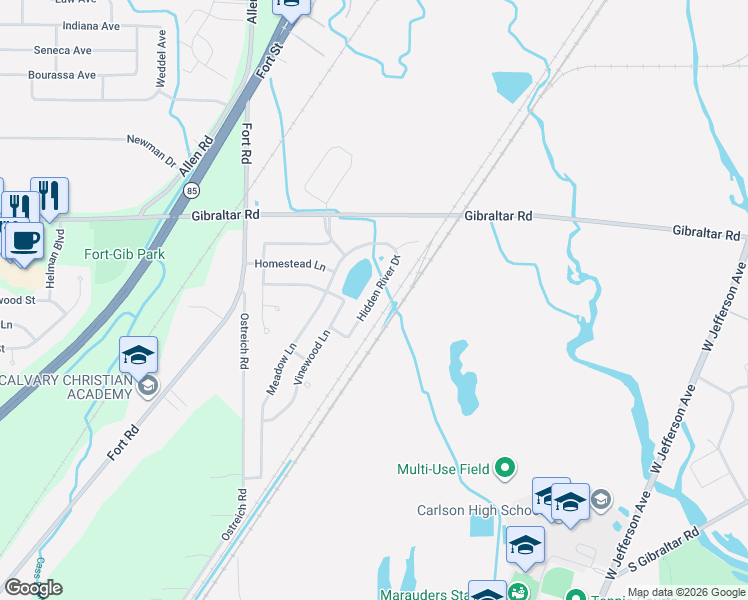 map of restaurants, bars, coffee shops, grocery stores, and more near 29258 Hidden River Drive in Gibraltar