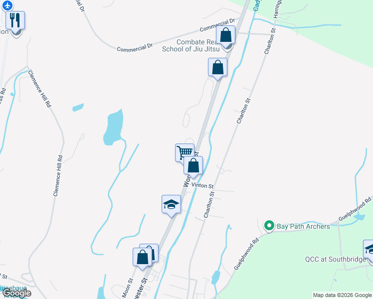 map of restaurants, bars, coffee shops, grocery stores, and more near 555 Worcester Street in Southbridge