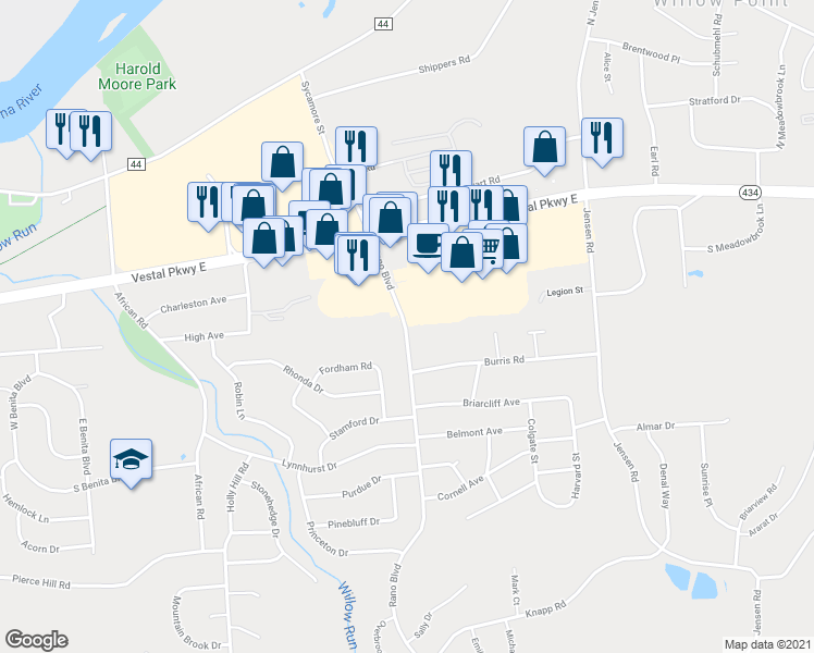 map of restaurants, bars, coffee shops, grocery stores, and more near 205 Rano Boulevard in Vestal