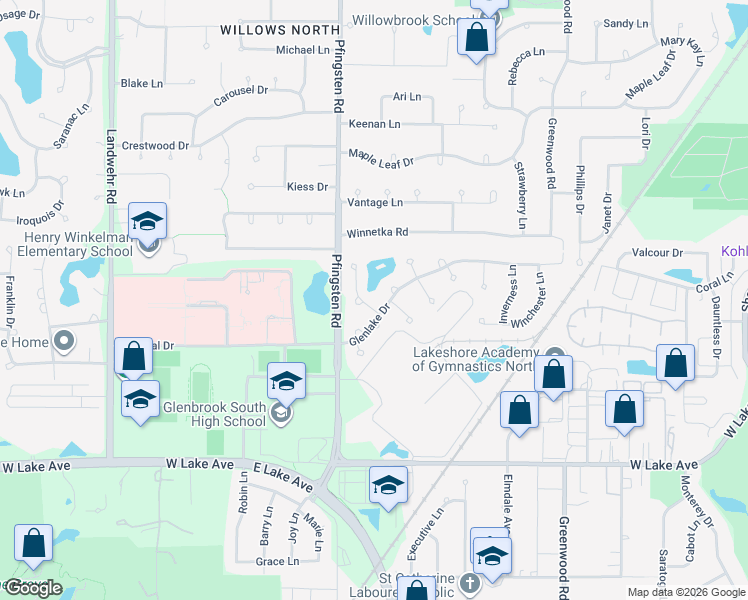 map of restaurants, bars, coffee shops, grocery stores, and more near 2107 Warwick Lane in Glenview
