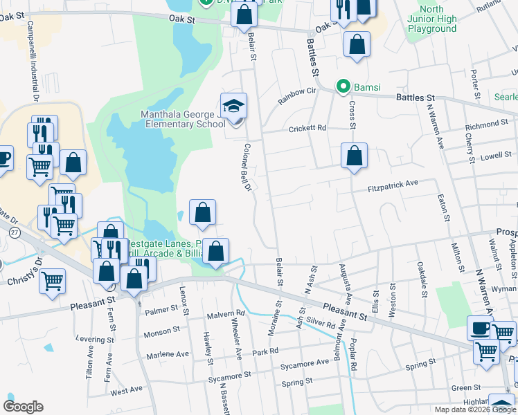 map of restaurants, bars, coffee shops, grocery stores, and more near 77 Colonel Bell Drive in Brockton