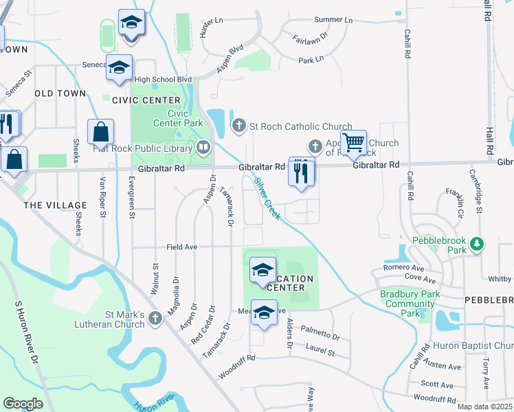 map of restaurants, bars, coffee shops, grocery stores, and more near 24869 Mayfair Street in Flat Rock