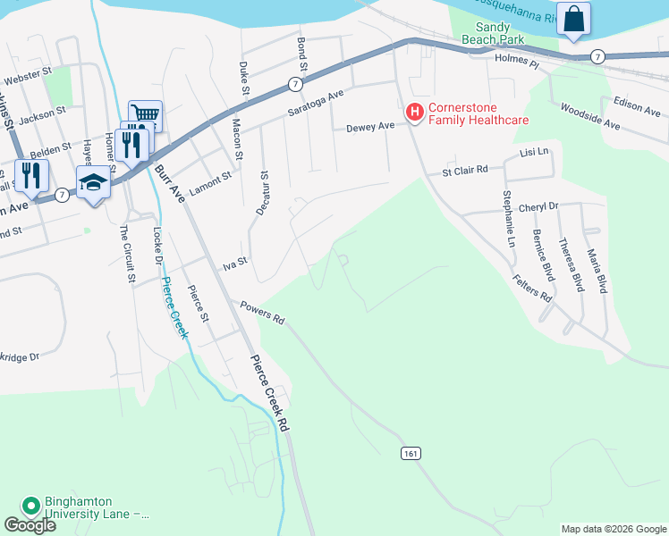 map of restaurants, bars, coffee shops, grocery stores, and more near 2 Hemlock Place in Binghamton