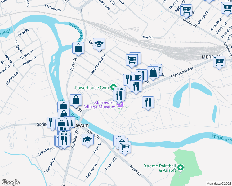 map of restaurants, bars, coffee shops, grocery stores, and more near 1452 Memorial Avenue in West Springfield