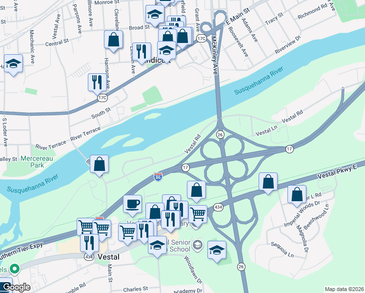 map of restaurants, bars, coffee shops, grocery stores, and more near 317 Vestal Road in Vestal