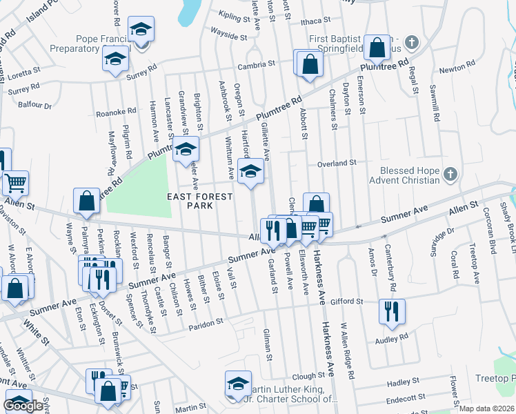 map of restaurants, bars, coffee shops, grocery stores, and more near 64 Gillette Avenue in Springfield