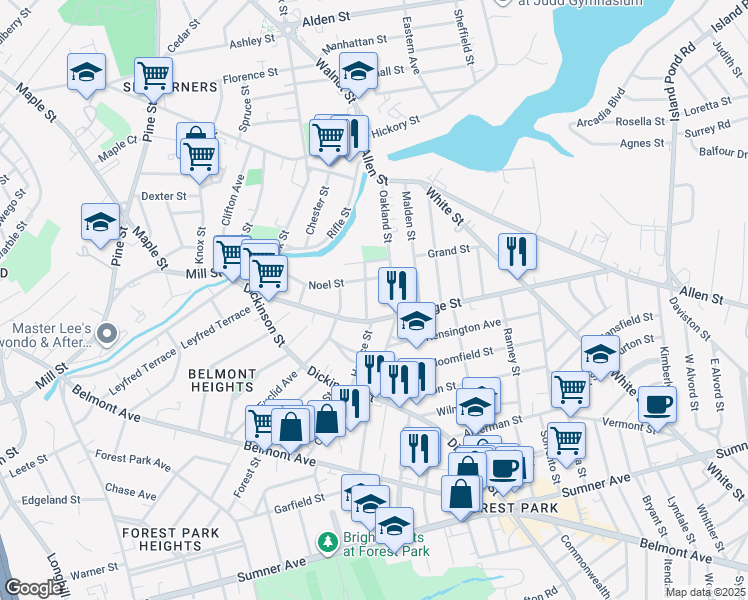map of restaurants, bars, coffee shops, grocery stores, and more near 68 Shamrock Street in Springfield