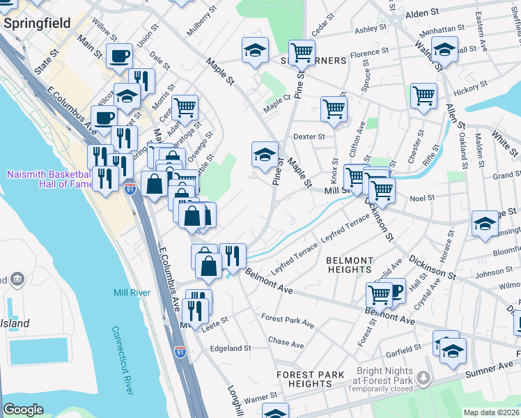 map of restaurants, bars, coffee shops, grocery stores, and more near 95 Palmer Avenue in Springfield