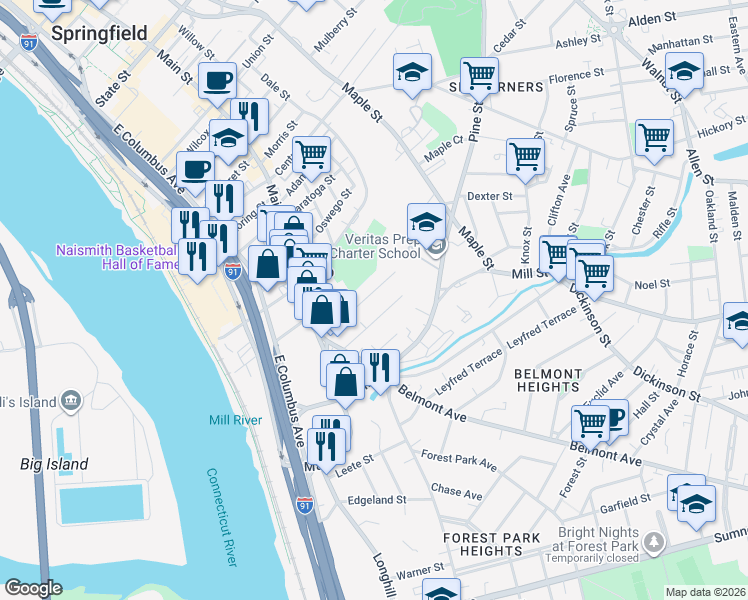 map of restaurants, bars, coffee shops, grocery stores, and more near 79 Acushnet Avenue in Springfield