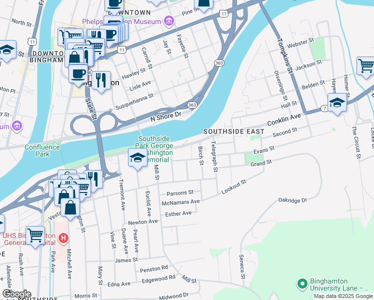 map of restaurants, bars, coffee shops, grocery stores, and more near 112-114 Conklin Avenue in Binghamton