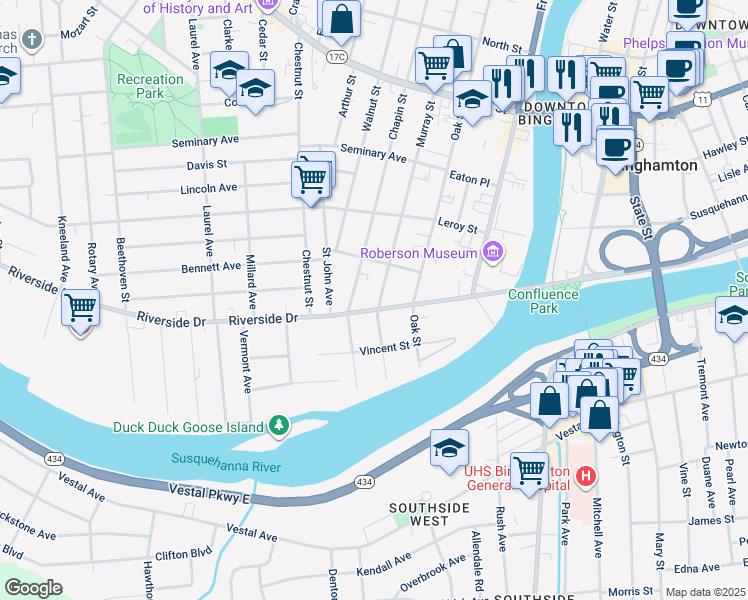 map of restaurants, bars, coffee shops, grocery stores, and more near 46 Riverside Drive in Binghamton