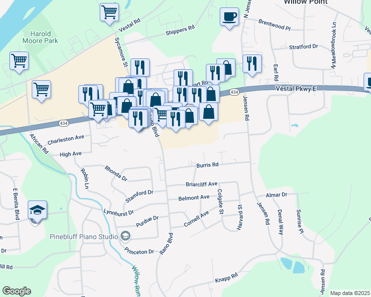 map of restaurants, bars, coffee shops, grocery stores, and more near 3137 Burris Road in Vestal